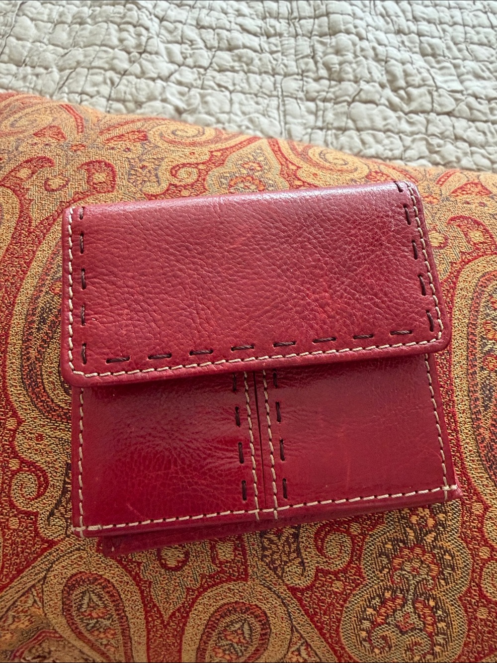Fossil wallet red with stitches genuine leather credit cards photo license coins